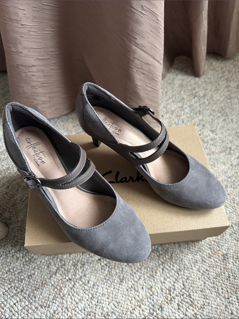 Clarks Gray Suede Mary Jane Heels with Double Strap